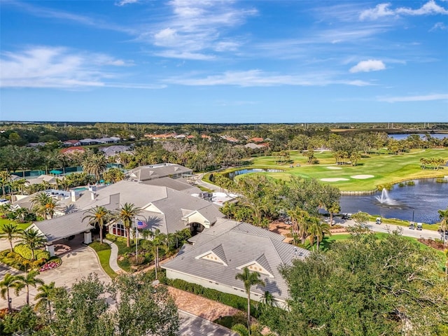 bird's eye view with a water view and golf course view