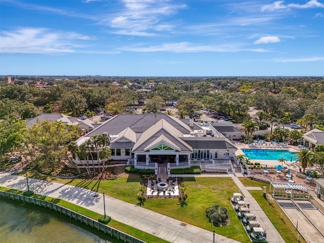 birds eye view of property featuring a water view