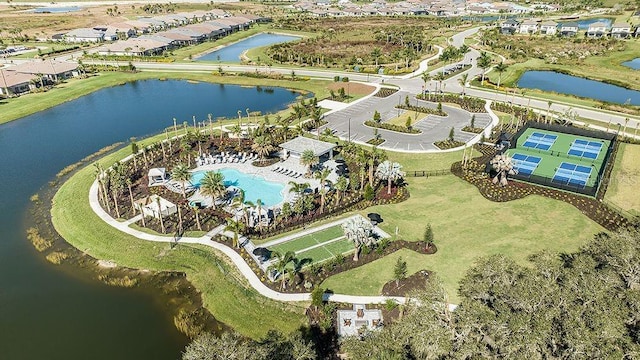 birds eye view of property featuring a water view