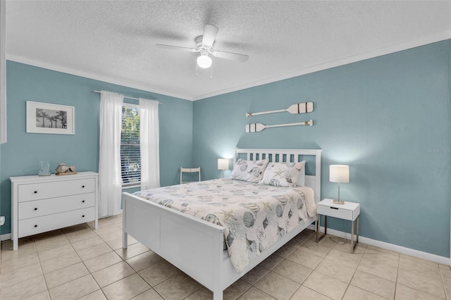 bedroom with a textured ceiling, ceiling fan, light tile patterned floors, and crown molding