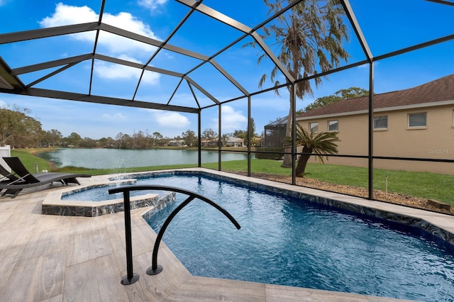 view of pool featuring glass enclosure, a patio area, an in ground hot tub, and a water view