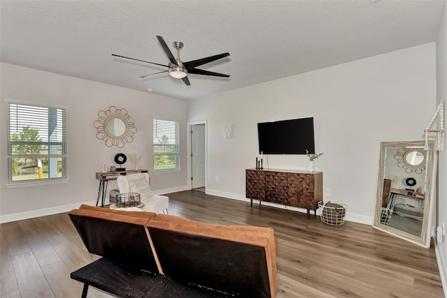 living room featuring ceiling fan and wood-type flooring