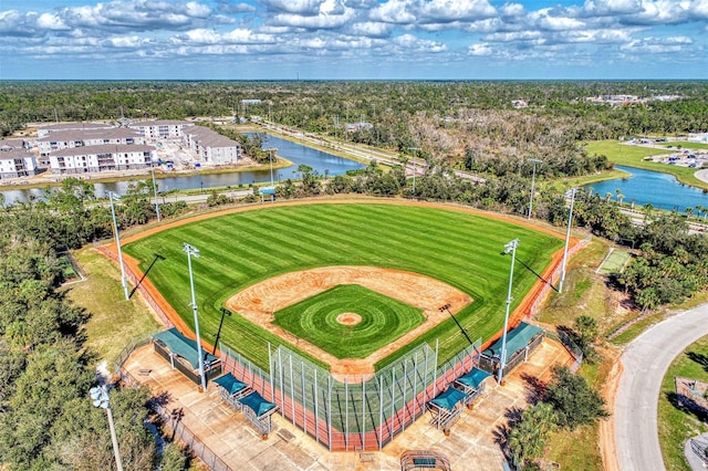 birds eye view of property featuring a water view