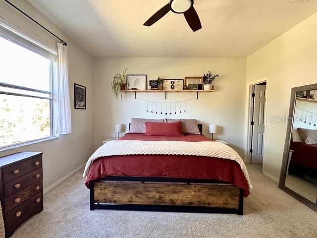 carpeted bedroom featuring ceiling fan