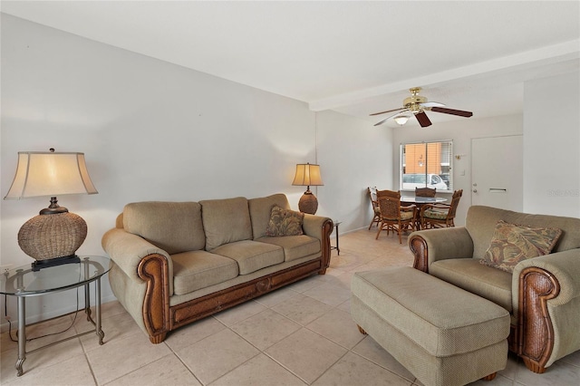 living room with light tile patterned flooring and ceiling fan