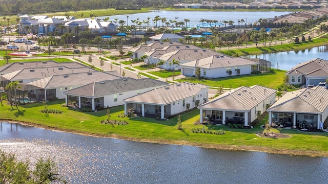 drone / aerial view featuring a water view