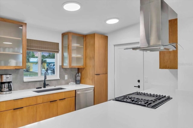 kitchen with sink, island range hood, stainless steel appliances, and tasteful backsplash