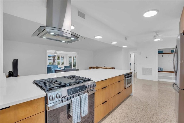 kitchen featuring ceiling fan, stainless steel appliances, and island range hood