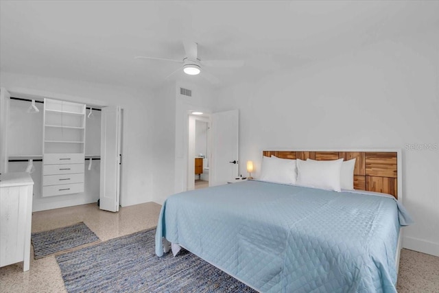 bedroom featuring ceiling fan and a closet