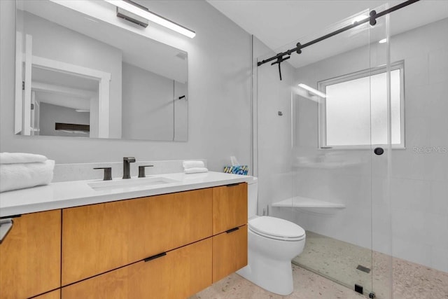 bathroom with toilet, vanity, and an enclosed shower