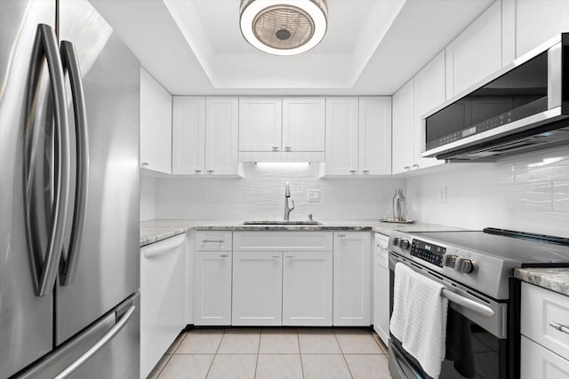 kitchen featuring sink, a tray ceiling, stainless steel appliances, light stone countertops, and white cabinets