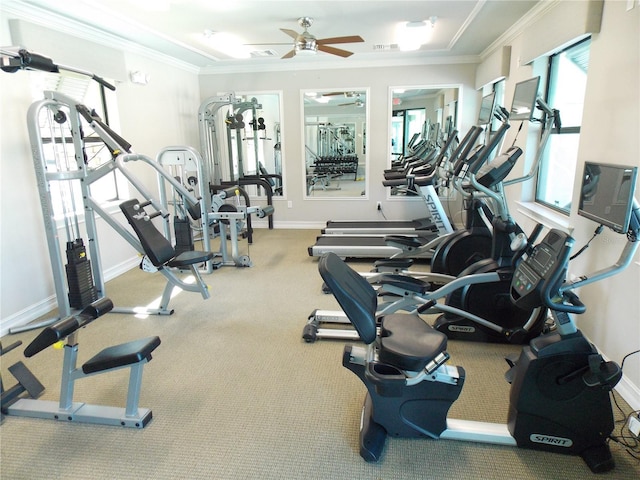 workout area with ornamental molding and ceiling fan