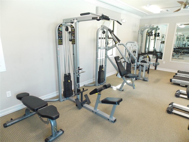 workout area with ornamental molding and ceiling fan