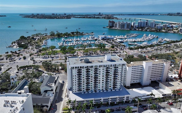 drone / aerial view with a water view