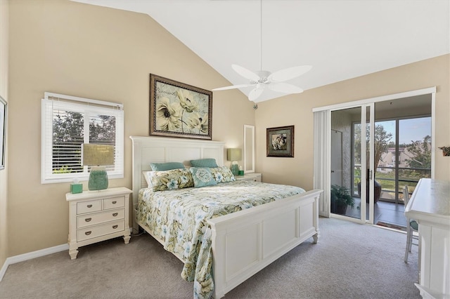 carpeted bedroom featuring baseboards, high vaulted ceiling, ceiling fan, and access to exterior