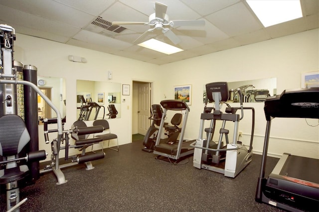 workout area featuring visible vents, ceiling fan, and a drop ceiling