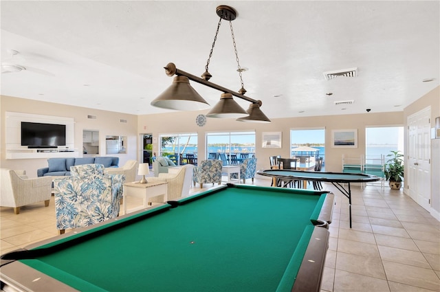 recreation room with light tile patterned flooring, ceiling fan, and billiards