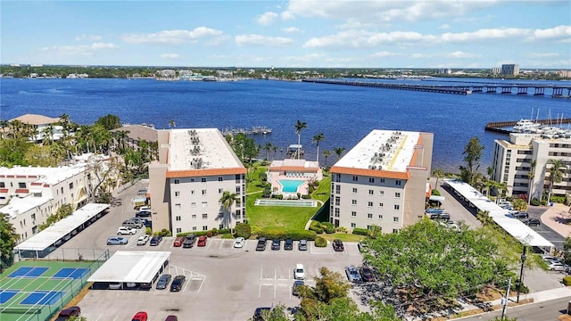 drone / aerial view with a water view