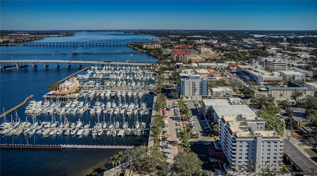 1600 1st Ave W Unit 304A, Bradenton, FL 34205 - drone / aerial view of a large body of water, a notable bridge, and a marina