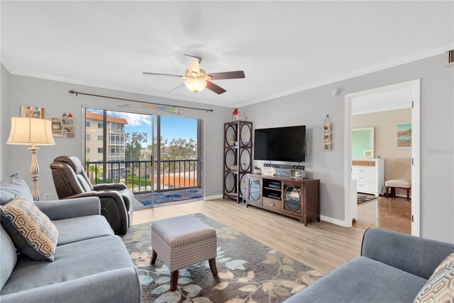 1600 1st Ave W Unit 304A, Bradenton, FL 34205 - living area featuring ceiling fan, light wood-style floors, and crown molding