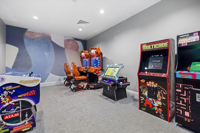 playroom featuring baseboards, visible vents, carpet flooring, and recessed lighting