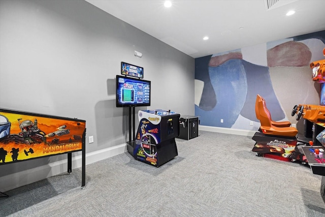 recreation room with baseboards, carpet flooring, and recessed lighting