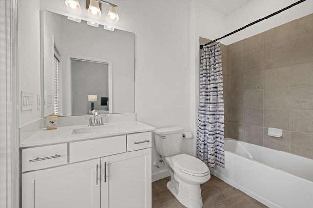 bathroom featuring toilet, wood finished floors, vanity, baseboards, and shower / tub combo with curtain