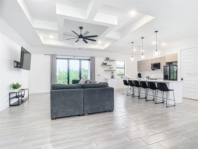 living room featuring ceiling fan and a raised ceiling