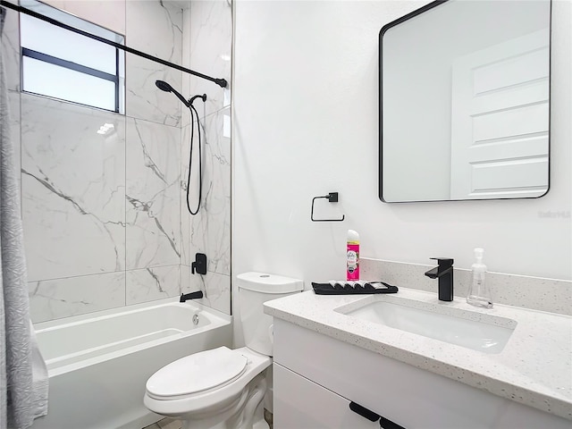 full bathroom with toilet, vanity, and shower / bath combination with curtain