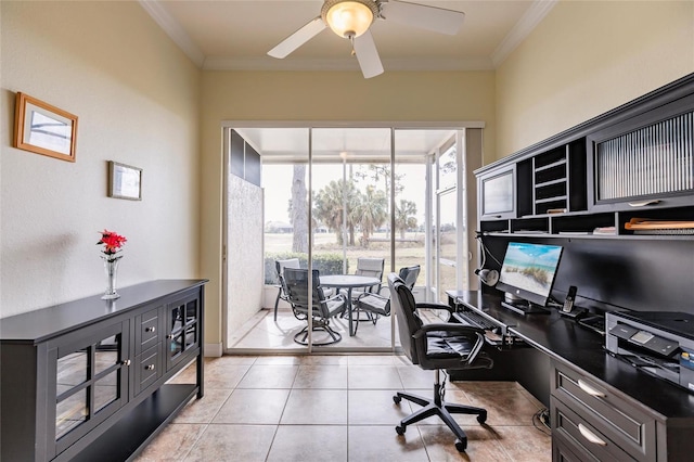 office with ceiling fan, light tile patterned floors, and crown molding