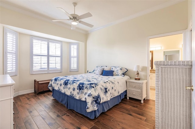 bedroom with ceiling fan, dark hardwood / wood-style flooring, and ornamental molding