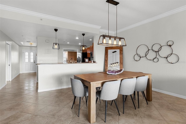 tiled dining space with crown molding