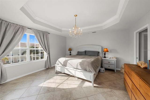 bedroom featuring a raised ceiling, light tile patterned flooring, ornamental molding, and an inviting chandelier