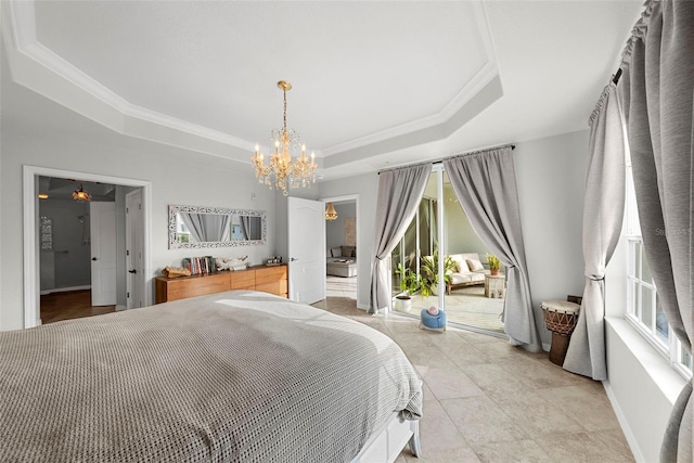 bedroom with crown molding, a tray ceiling, and an inviting chandelier