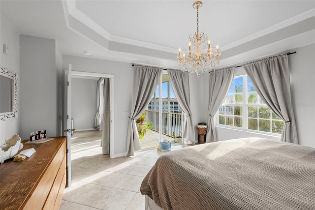 bedroom featuring an inviting chandelier, crown molding, light tile patterned floors, access to outside, and a raised ceiling