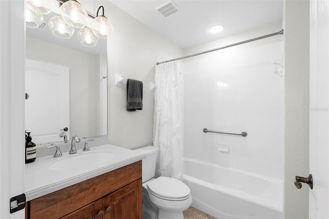 full bathroom featuring vanity, shower / bath combination with curtain, and toilet