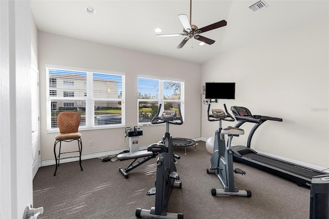 exercise room with lofted ceiling and ceiling fan