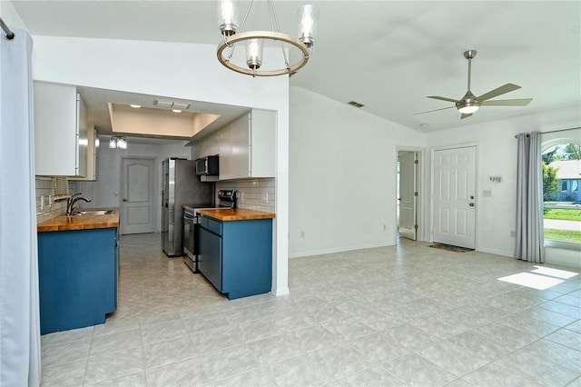 kitchen featuring white cabinetry, appliances with stainless steel finishes, wooden counters, and tasteful backsplash