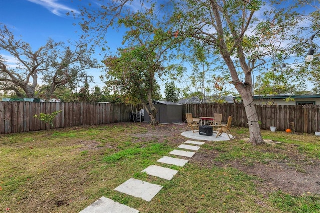 view of yard with a patio and a storage unit