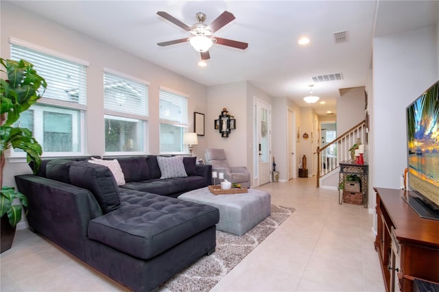 11728 Meadowgate Pl, Bradenton, FL 34211 - living area featuring stairs, a ceiling fan, light tile patterned floors, and recessed lighting