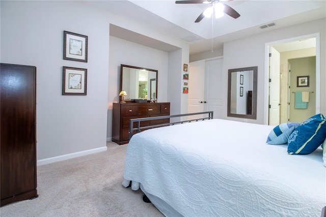 11728 Meadowgate Pl, Bradenton, FL 34211 - bedroom featuring light colored carpet, baseboards, connected bathroom, and a ceiling fan