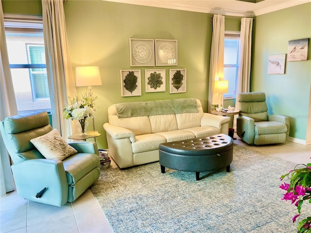 living room featuring crown molding and light tile patterned floors