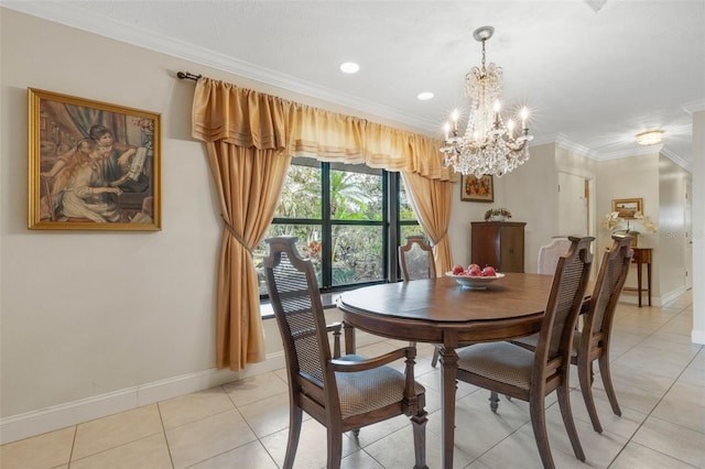 dining room featuring crown molding, light tile patterned floors, and a chandelier