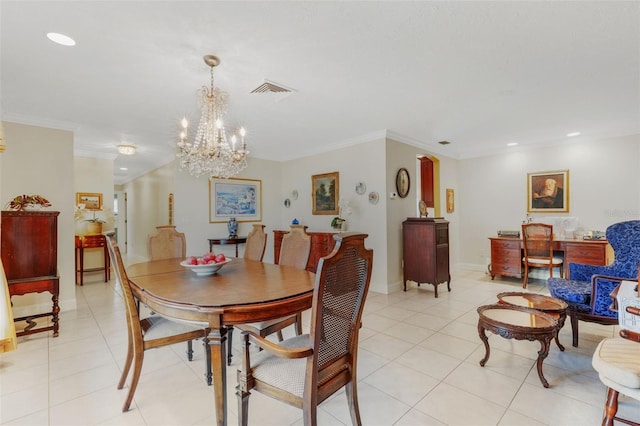 dining room featuring crown molding, light tile patterned floors, and a notable chandelier