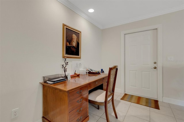 office space with ornamental molding and light tile patterned floors