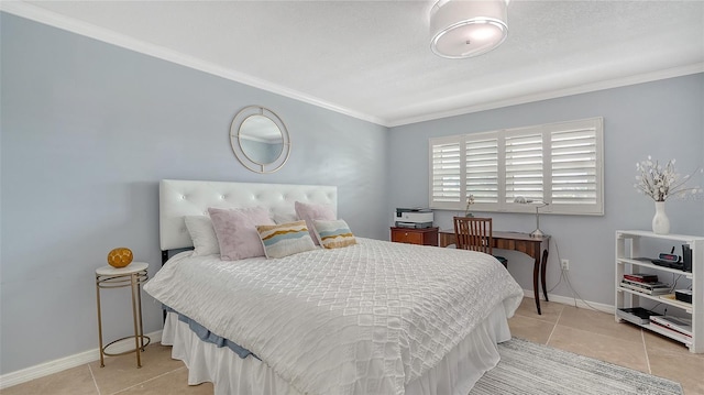 bedroom with light tile patterned flooring and ornamental molding