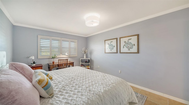 bedroom with crown molding, light tile patterned flooring, and baseboards