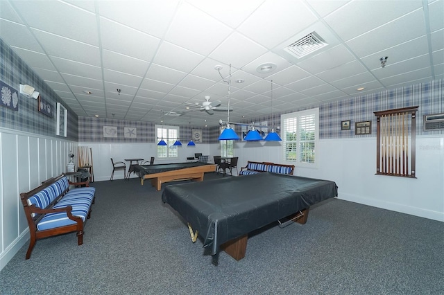 rec room featuring pool table, plenty of natural light, carpet flooring, and a paneled ceiling