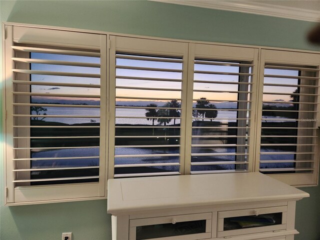 interior details with ornamental molding and a water view