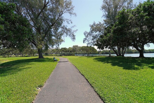 view of community with a water view and a lawn